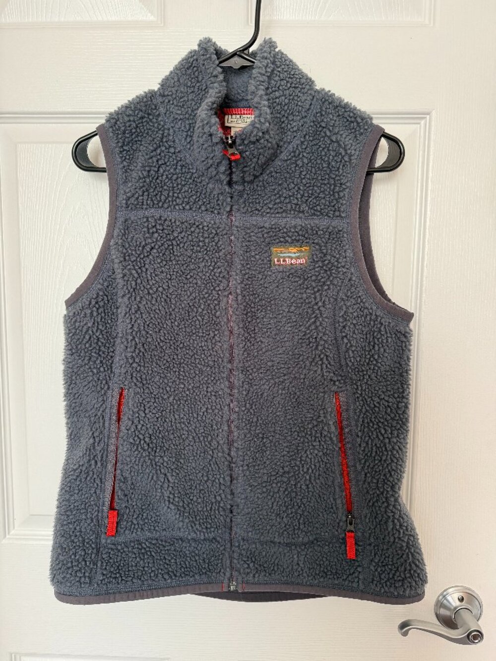 L.L.Bean Gray Sherpa Fleece Vest Red Zip Sz Small